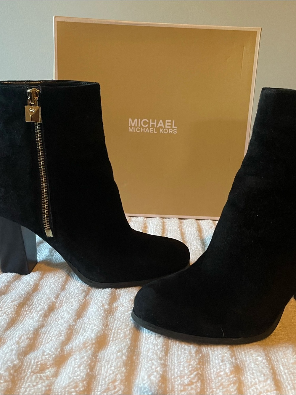 Michael Kors Black Suede Ankle Booties with Gold Zip Accent